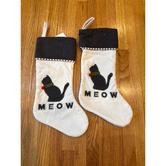 Cat-Themed Christmas Stockings With "Meow" Design Set Of 2 Black & White 13" - Picture 1 of 4